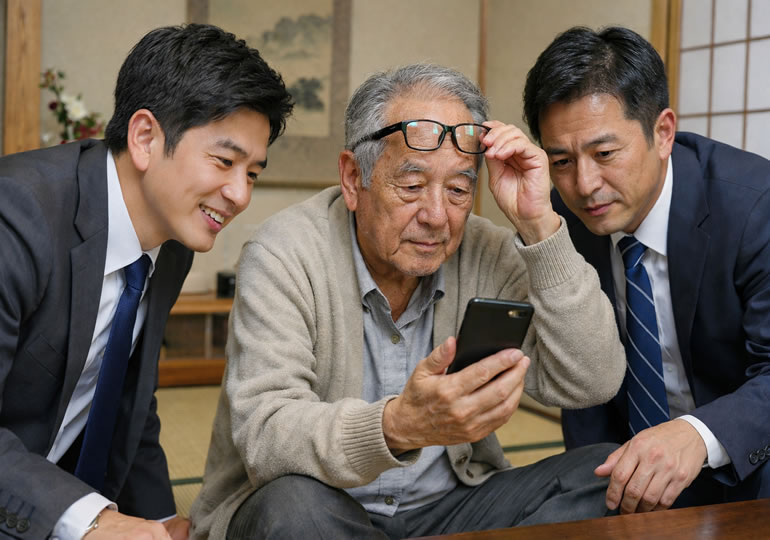 公正証書遺言している高齢男性と証人2名