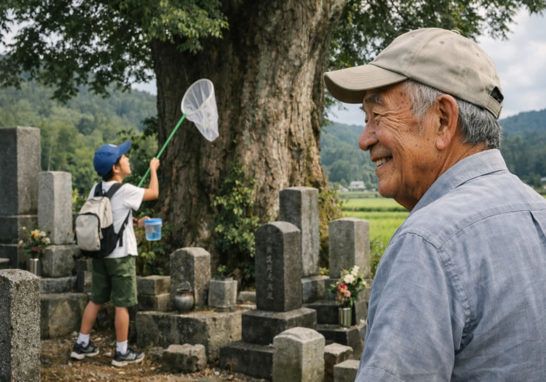 夏休みに虫取りを楽しむ孫と高齢男性