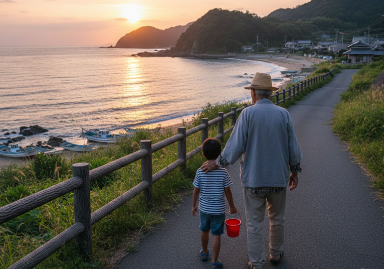 海の見える道を孫と散歩している男性