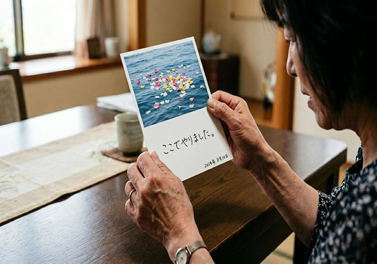 散骨証明書を見つめる高齢女性