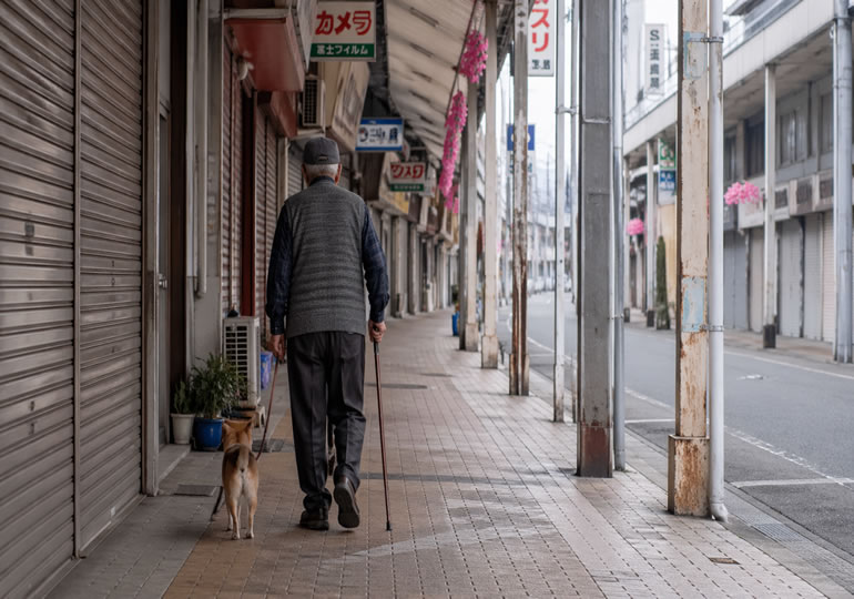 人気のない路地を散歩している高齢男性