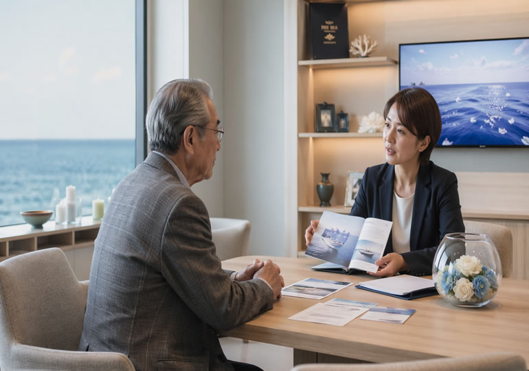 海洋散骨の説明を聞く高齢者