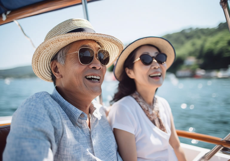 散骨船でクルージングを楽しむ老夫婦