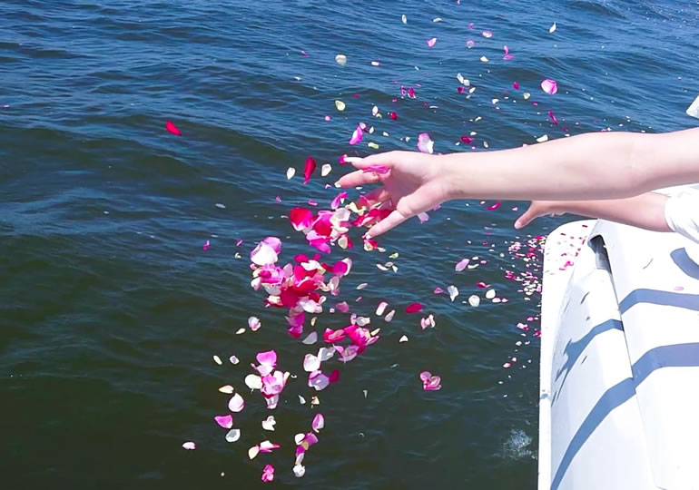 海洋散骨で花を海に撒く家族