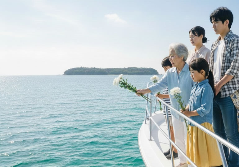 船の上から海洋散骨する家族