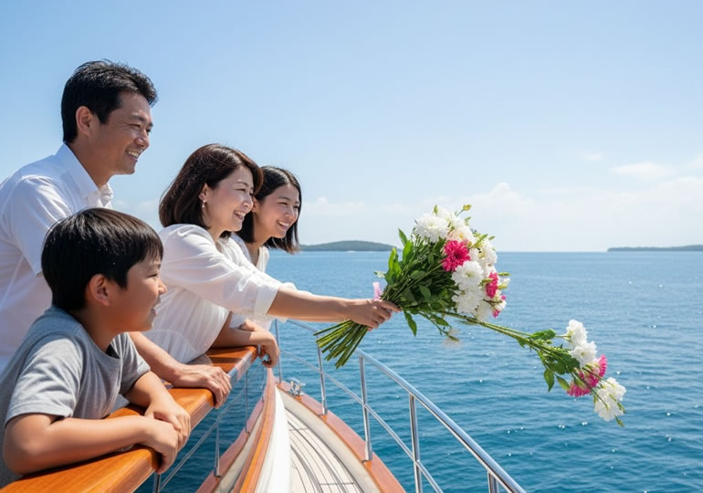 海洋散骨で海に献花する笑顔の家族