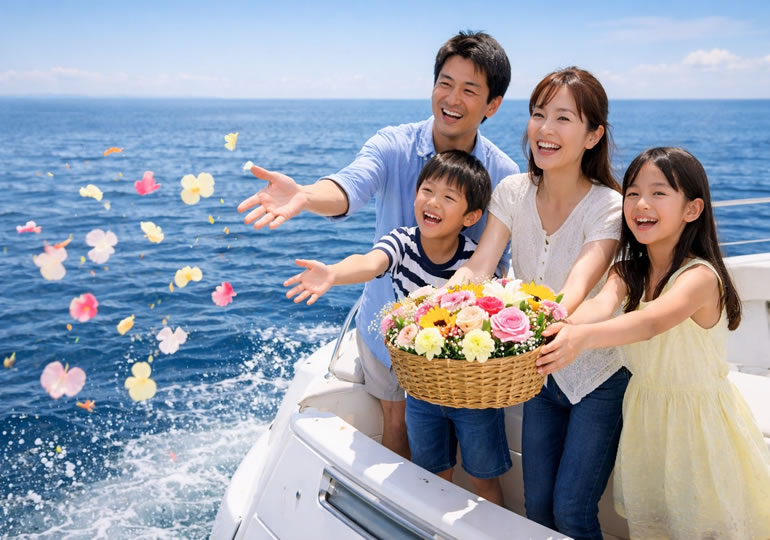 船上から海洋散骨をする笑顔の家族