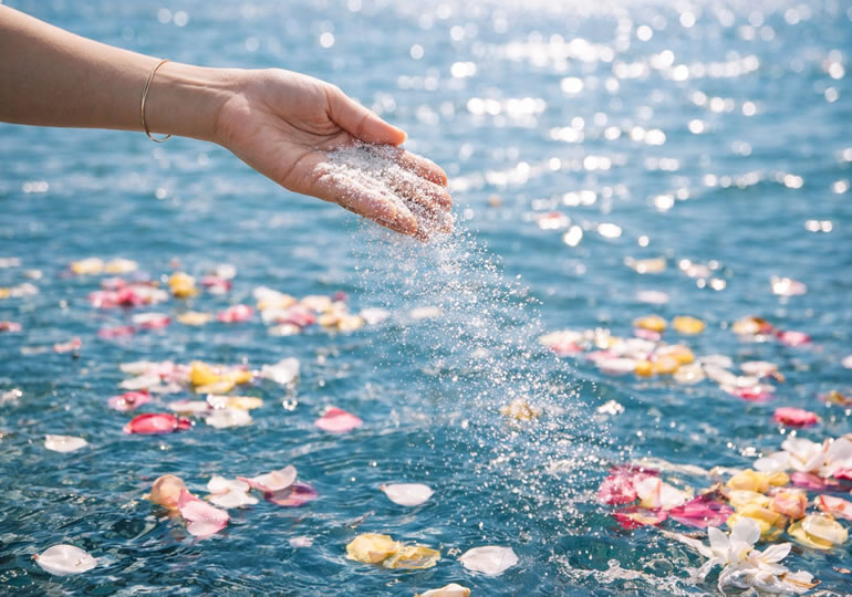 海洋散骨する女性の手元