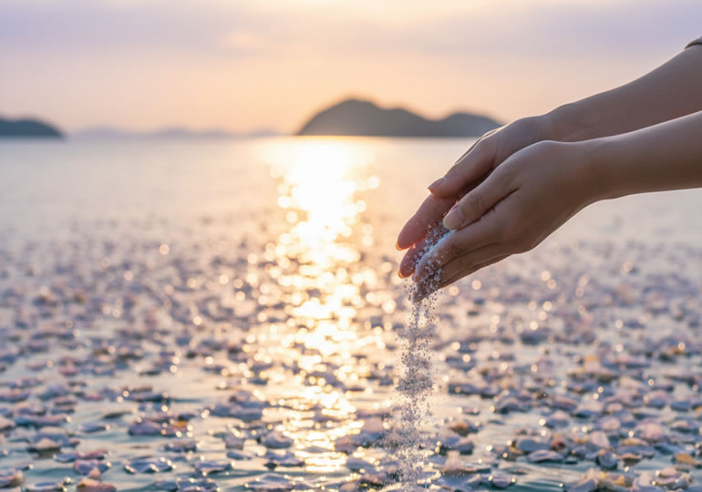 パウダーの遺骨を海面に散骨する女性の手元