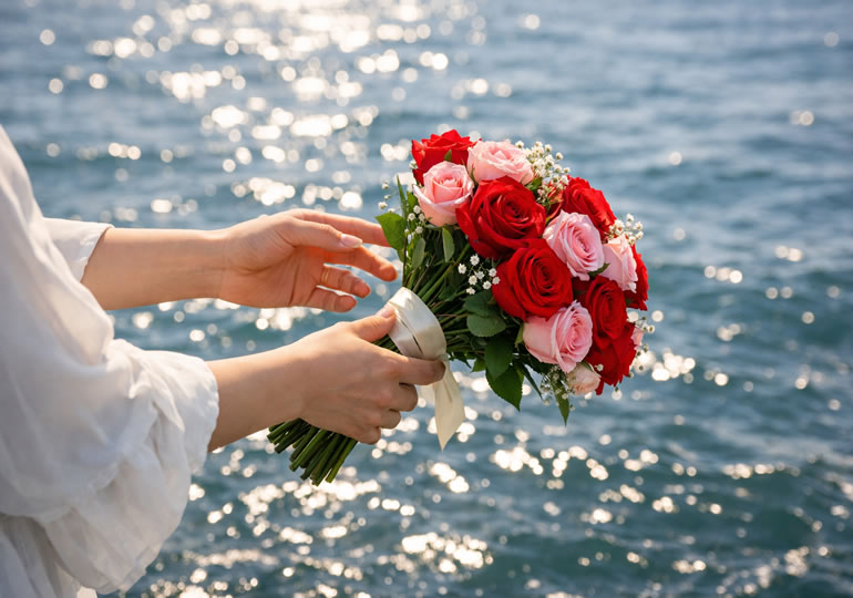海洋散骨で海に花を投げる女性の手元