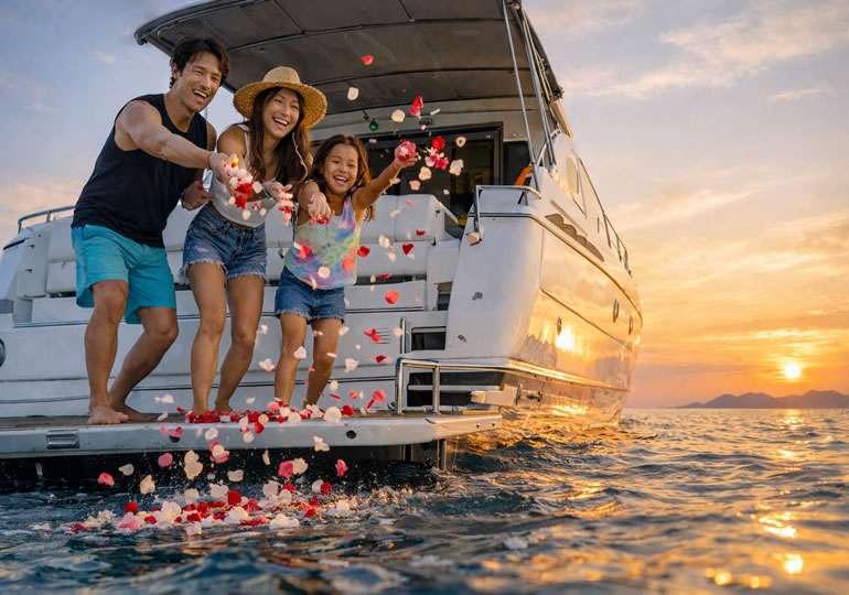 夕日が沈む海に散骨する家族