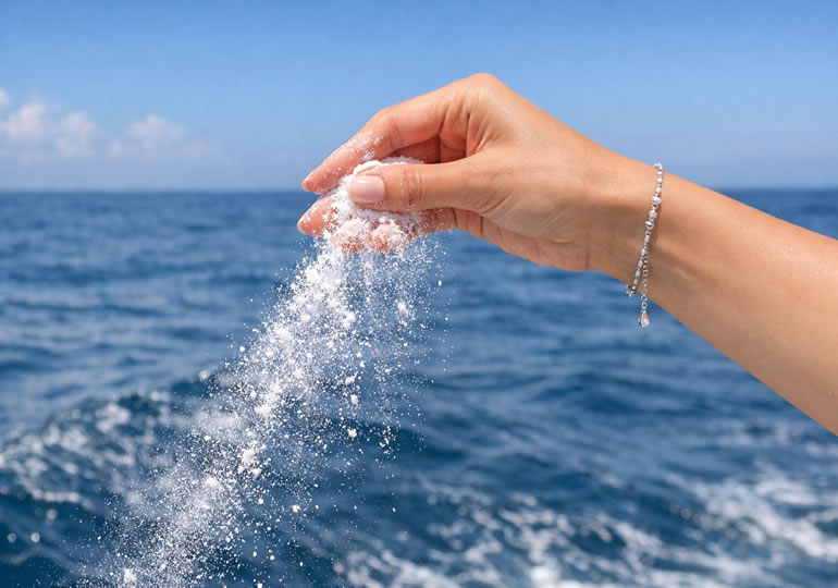 海に伸ばした女性の手元