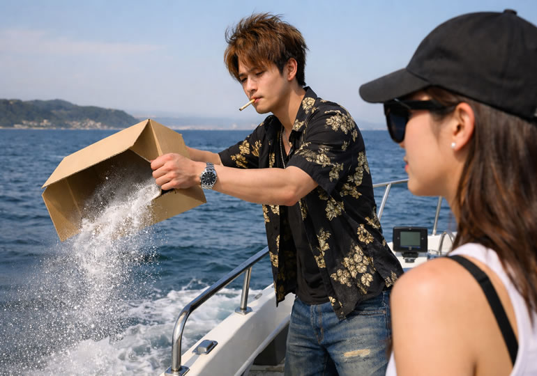 段ボールから遺骨を海にまく散骨業者