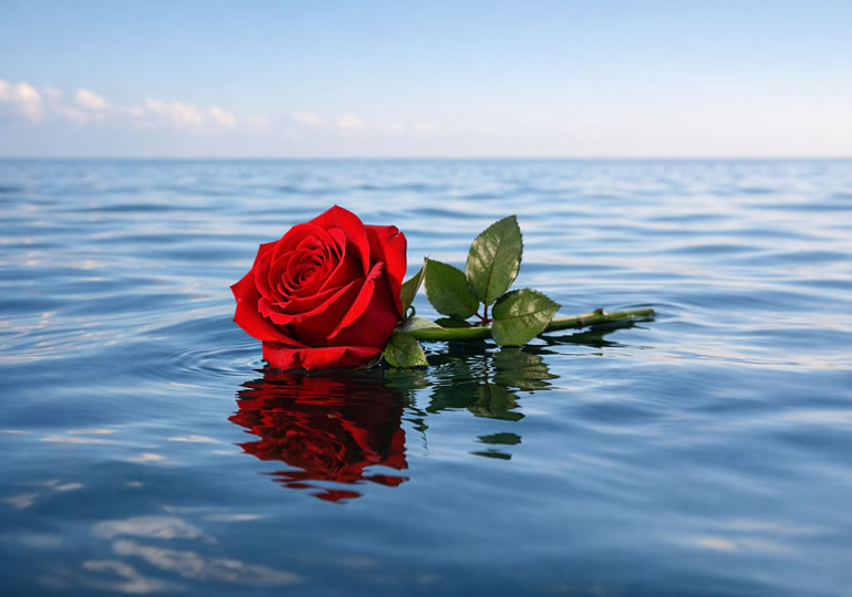 海面に浮かぶ一輪のバラの花