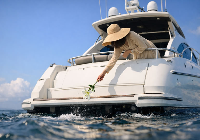 クルーザーからユリの花を献花する女性