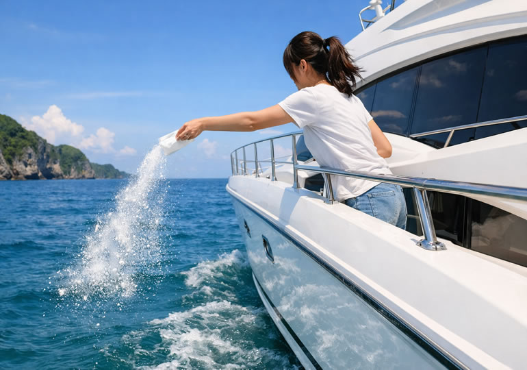 クルーザーから海に遺骨を散骨している女性の後ろ姿