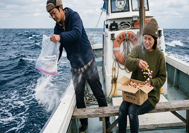 複数の遺骨をまとめて海にまいている散骨業者
