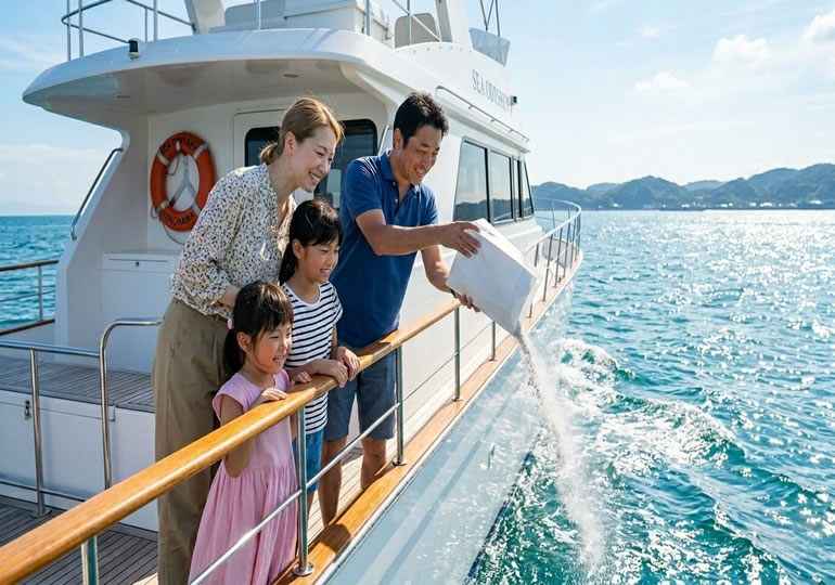 海洋散骨を見届けている親族