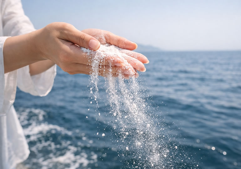 粉骨した遺骨を海洋散骨する様子