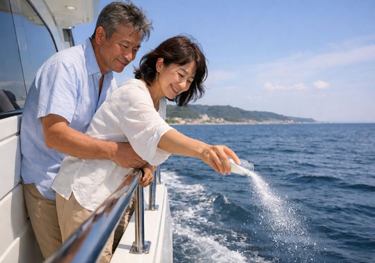 小瓶に入れた遺骨を散骨している夫婦