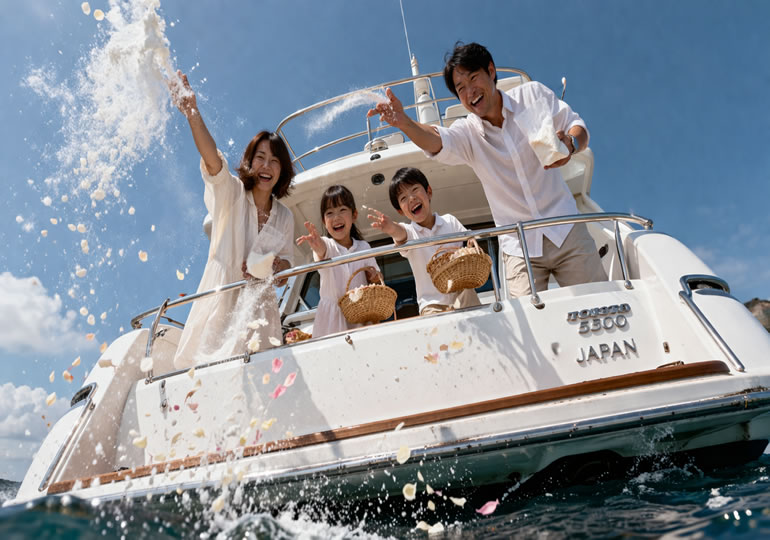 海洋散骨をしている家族