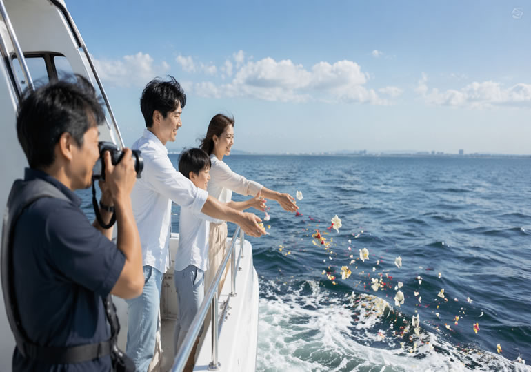 散骨風景を写真に撮っている散骨業者の男性