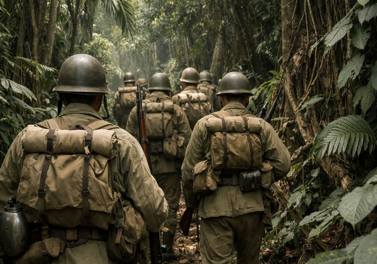 戦時中のジャングルを移動する兵隊