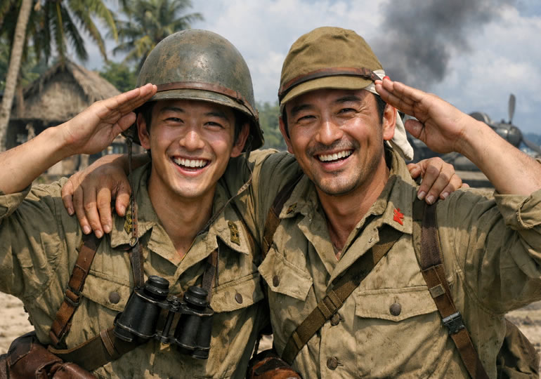 笑顔で敬礼している旧日本兵