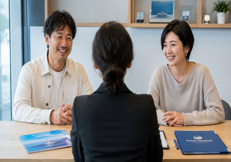 散骨業者と雑談している夫婦