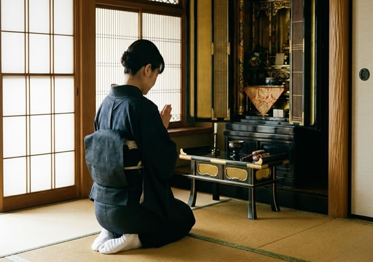 仏壇に手を合わせる女性