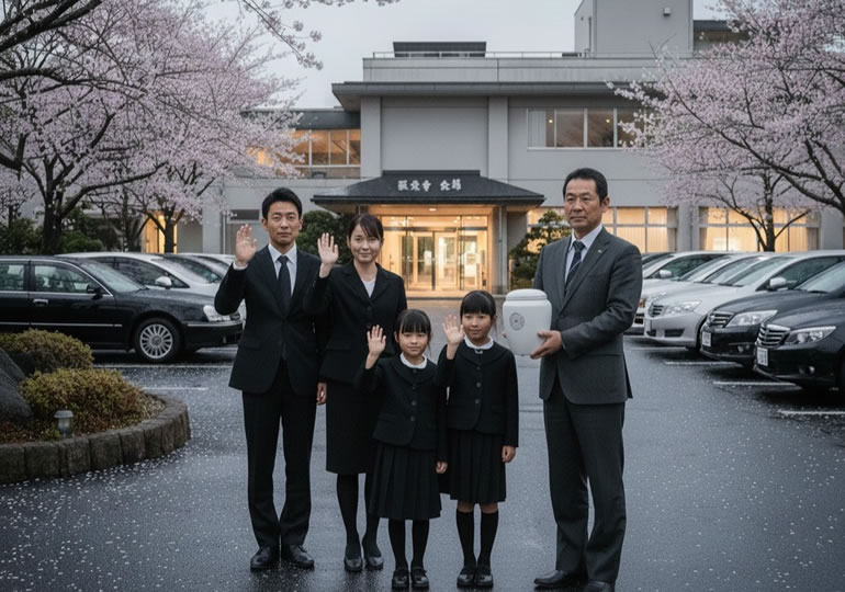 火葬場で散骨業者に遺骨を渡す遺族