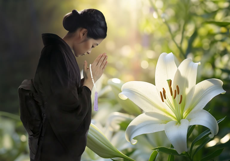 喪服姿で手を合わせる女性