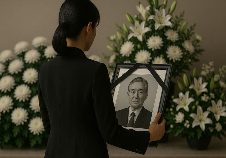 遺影を持つ女性