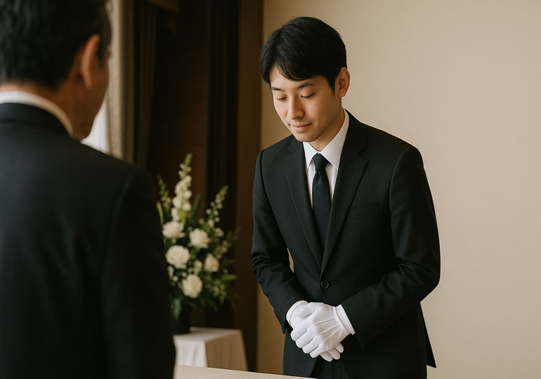 遺族に礼をする葬儀スタッフの男性