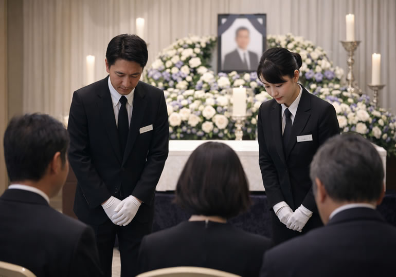 セレモニーホールで遺族に挨拶をする葬儀社スタッフ