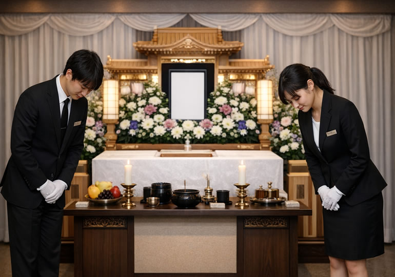 家族葬の式場で親族に挨拶をするセレモニースタッフ