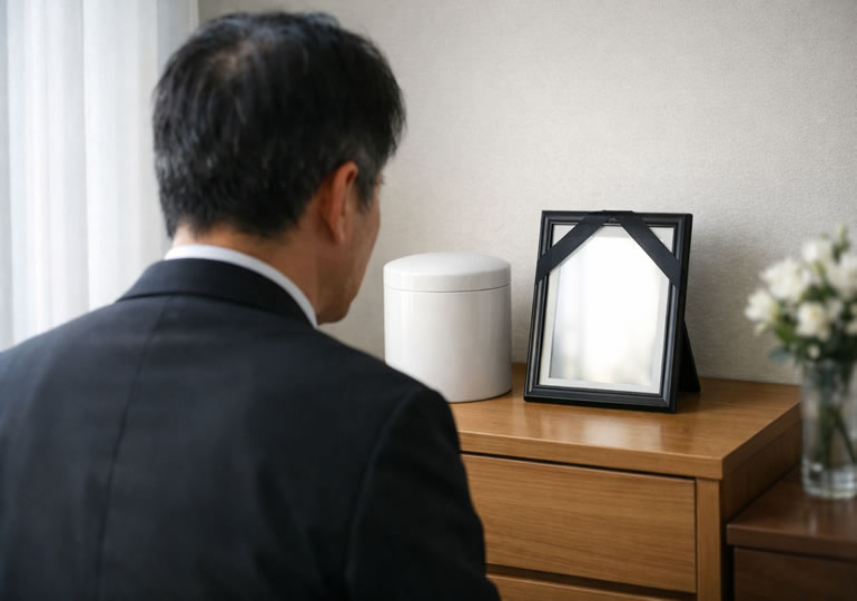 自宅にある骨壺を見つめている高齢男性