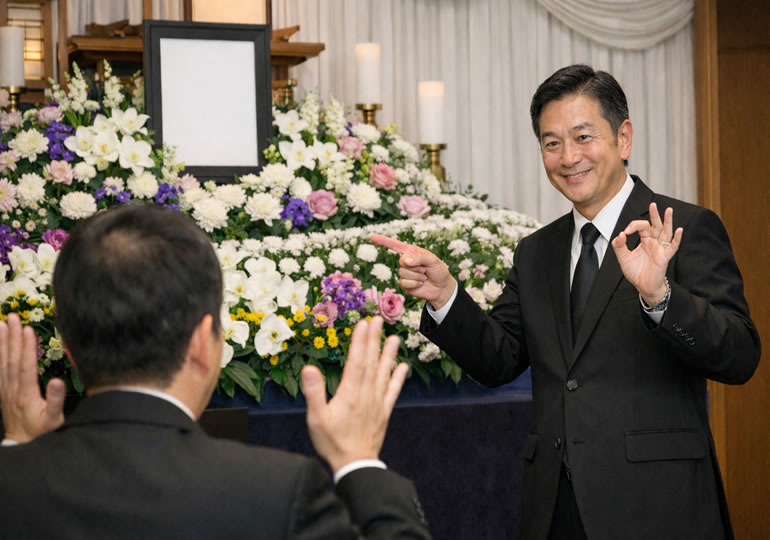 家族葬の追加オプションを説明する葬儀社の男性