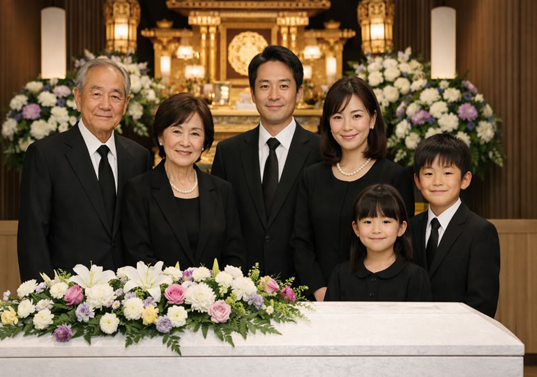 棺桶の前に立っている3世代家族
