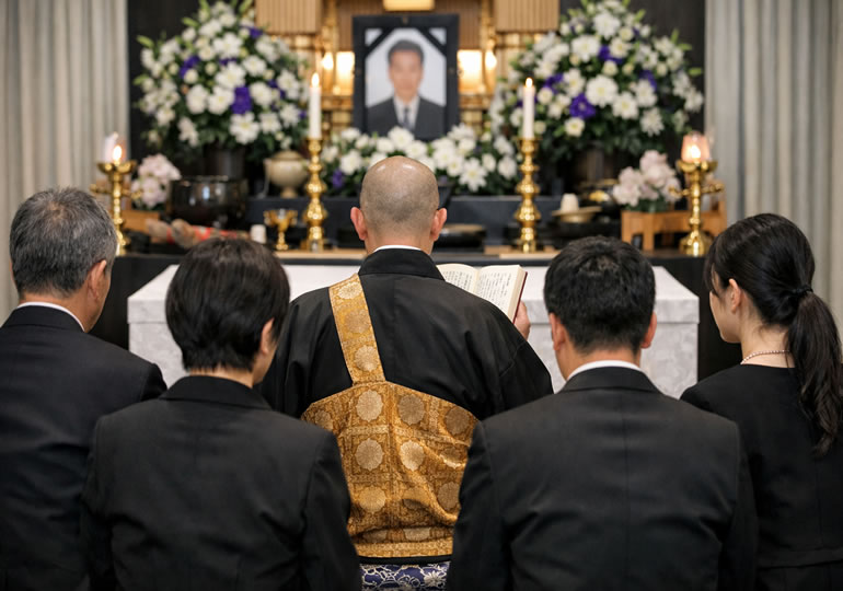 葬式をしている親族の後ろ姿