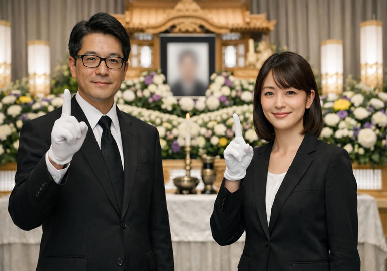 棺桶の前に立っている葬儀社スタッフのイメージ画像