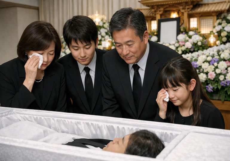 棺桶をのぞき込んでいる親族のイメージ画像