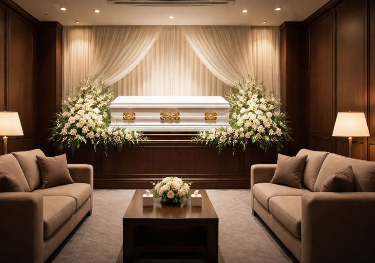 遺体ホテルに置かれた棺桶