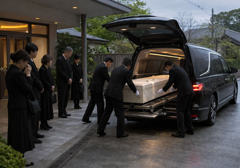 霊柩車に運ばれる棺桶