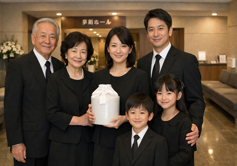 火葬場で骨壺を持って微笑んでいる親族