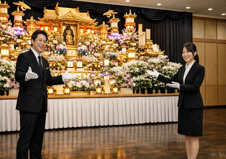 高級な祭壇を進めている葬儀社スタッフ