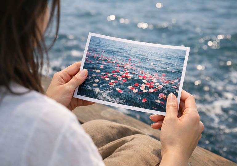 代理散骨の証明写真を見ている女性