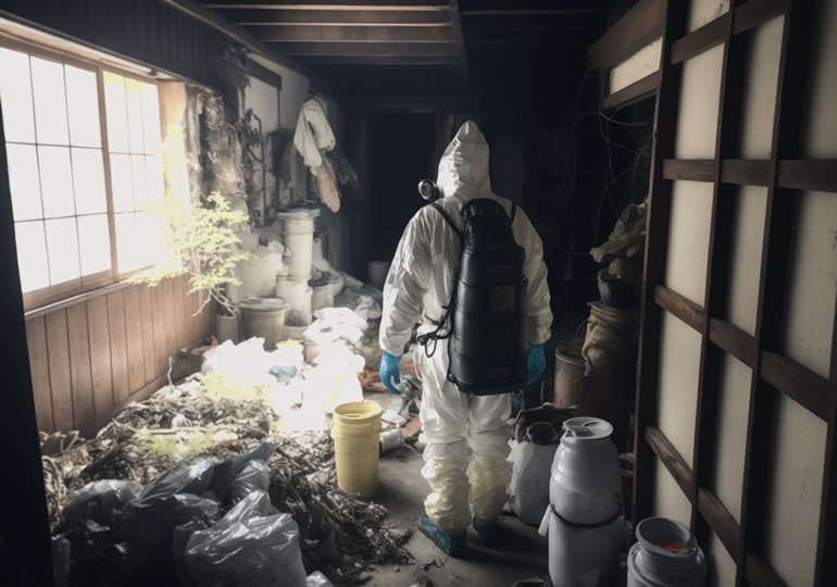 アパートに入っていく特殊清掃スタッフ