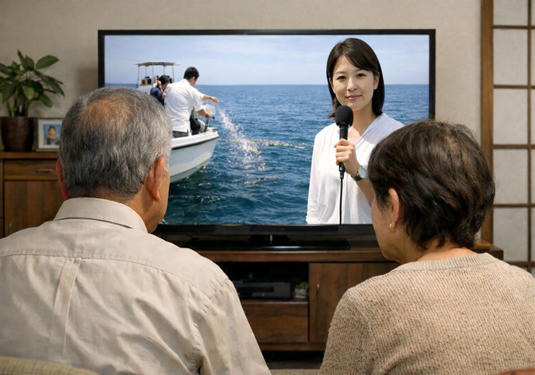 テレビでワイドショーの海洋散骨特集を見ている高齢夫婦
