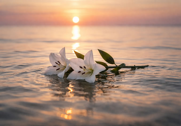 水面に浮いた一輪のユリの花